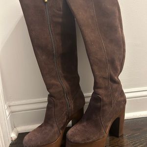 Vince Camuto knee high platform boots 60s 70s inspired chocolate brown suede 37